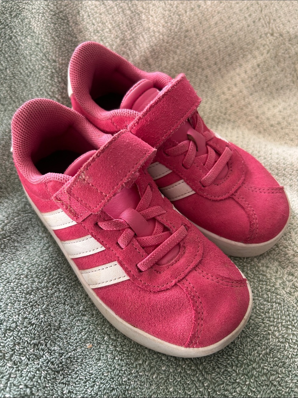 adidas Kids Pink Suede Sneakers with White Stripes